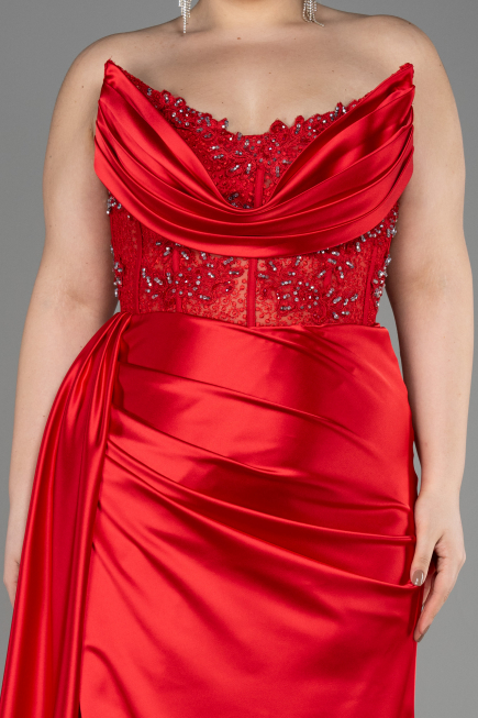Long Red Satin Plus Size Prom Dress ABU3855