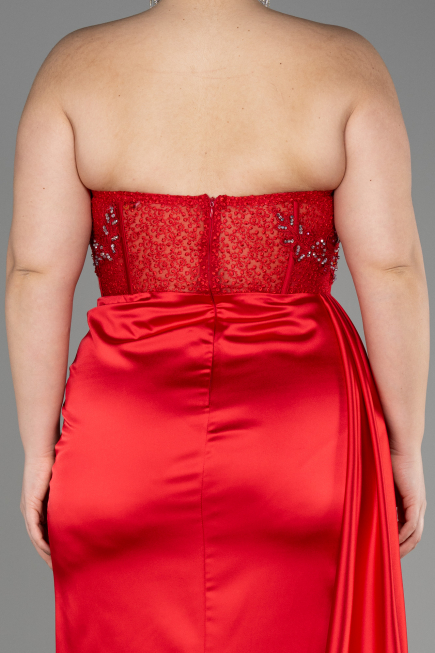 Long Red Satin Plus Size Prom Dress ABU3855