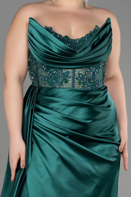Long Emerald Green Satin Plus Size Prom Dress ABU3855