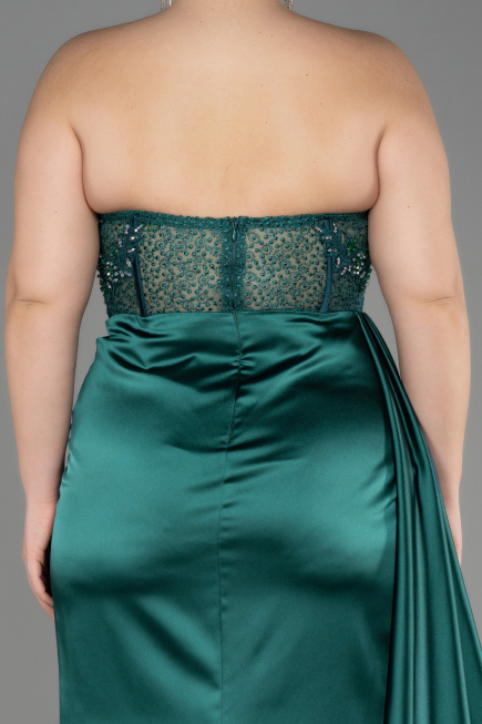 Long Emerald Green Satin Plus Size Prom Dress ABU3855