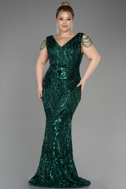 Emerald Green Long Scaly Plus Size Evening Dress ABU3845