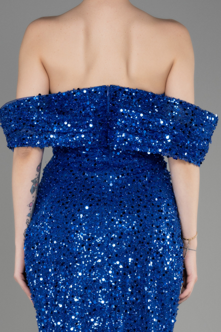 Sax Blue Slit Scaly Long Evening Gown ABU3864
