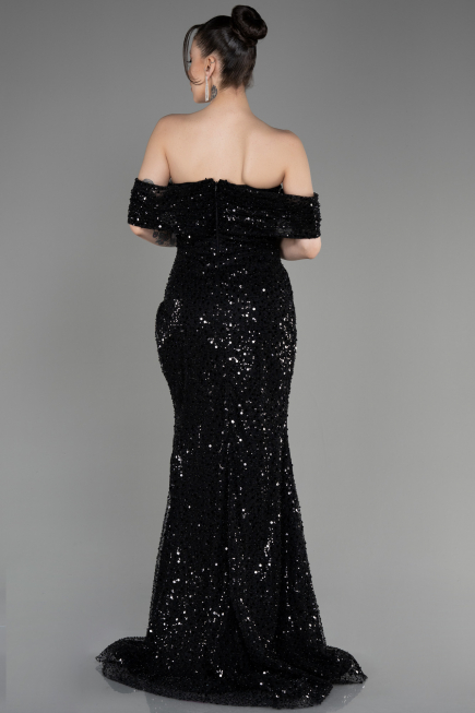 Black Slit Scaly Long Evening Gown ABU3864