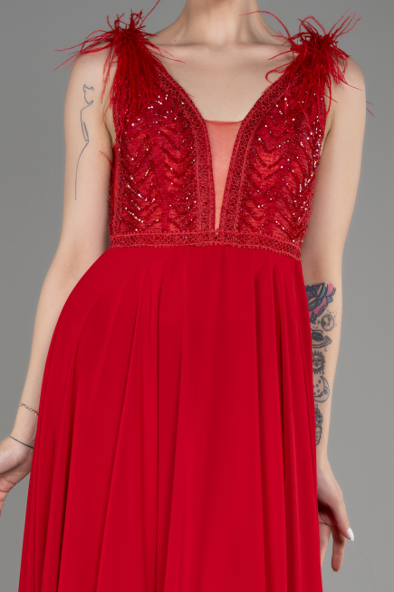 Red Sleeveless Long Chiffon Evening Dress ABU3856