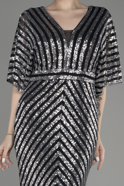 Black-Silver Long Plus Size Evening Dress ABU2309