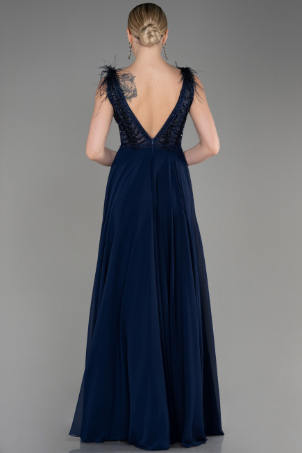 Navy Blue Sleeveless Long Chiffon Evening Dress ABU3856