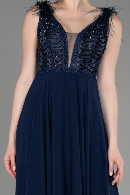 Navy Blue Sleeveless Long Chiffon Evening Dress ABU3856