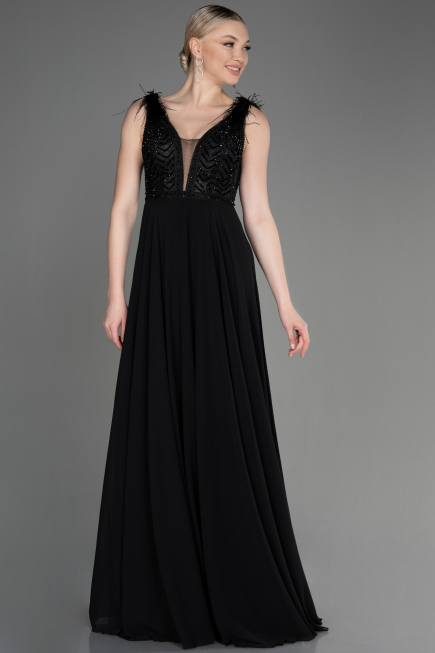Black Sleeveless Long Chiffon Evening Dress ABU3856