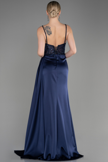 Long Navy Blue Satin Evening Dress ABU3875