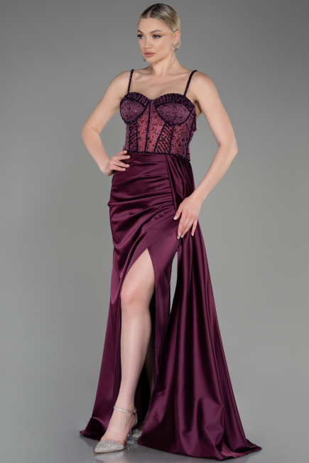 Long Plum Satin Evening Dress ABU3875