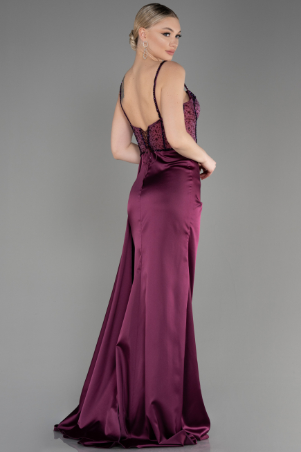 Long Plum Satin Evening Dress ABU3875