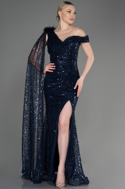 Navy Blue Slit Scaly Long Evening Dress ABU3857