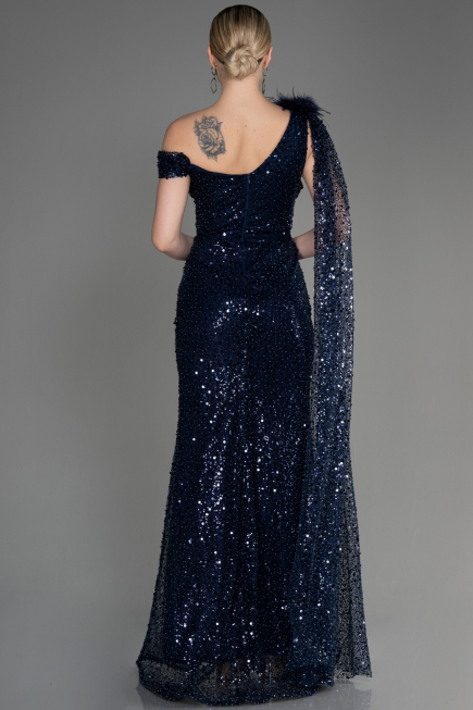 Navy Blue Slit Scaly Long Evening Dress ABU3857