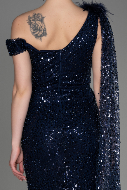 Navy Blue Slit Scaly Long Evening Dress ABU3857