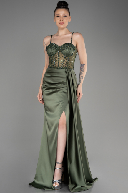 Olive Drab Long Satin Evening Dress ABU3875