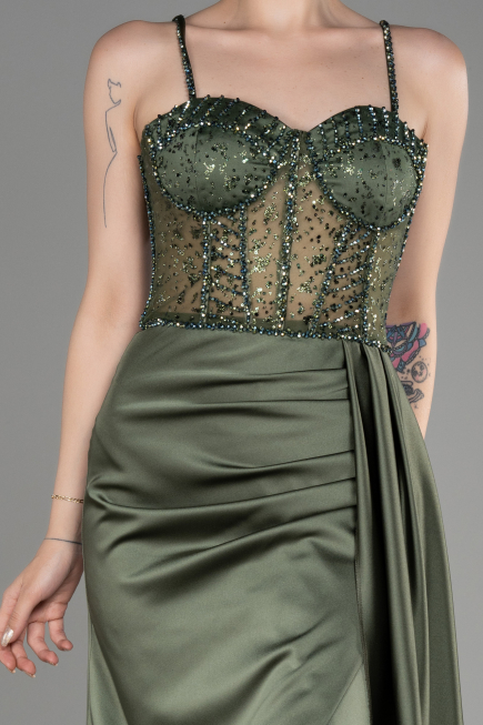 Olive Drab Long Satin Evening Dress ABU3875