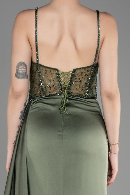 Olive Drab Long Satin Evening Dress ABU3875