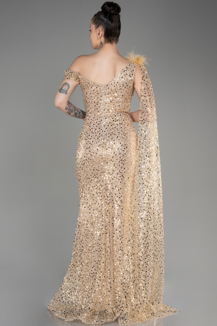 Gold Slit Scaly Long Evening Dress ABU3857