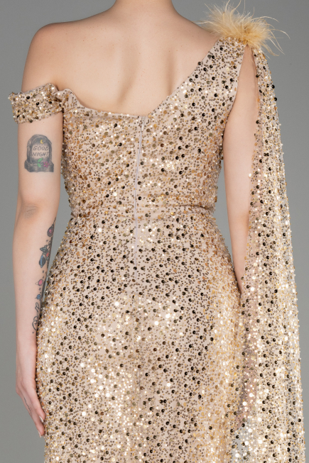 Gold Slit Scaly Long Evening Dress ABU3857