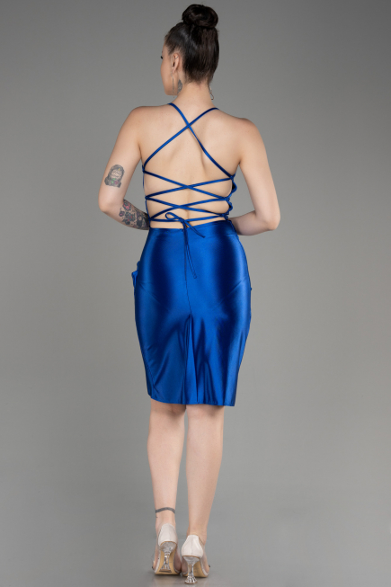 Sax Blue Backless Short Satin Cocktail Dress ABK2078