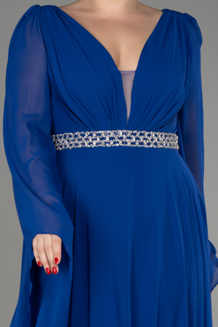 Sax Blue Long Chiffon Plus Size Evening Dress ABU3543