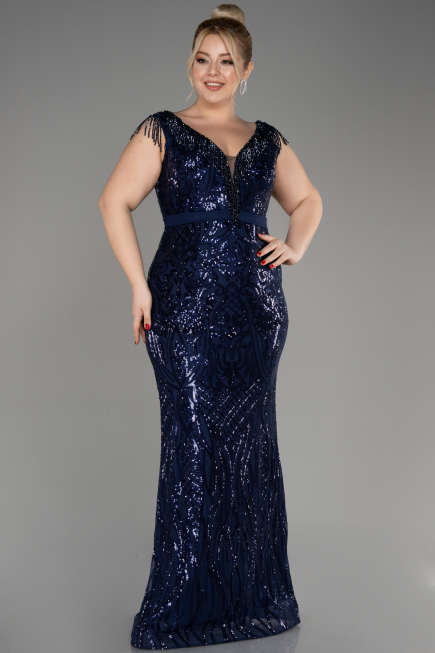 Long Navy Blue Plus Size Engagement Dress ABU3876