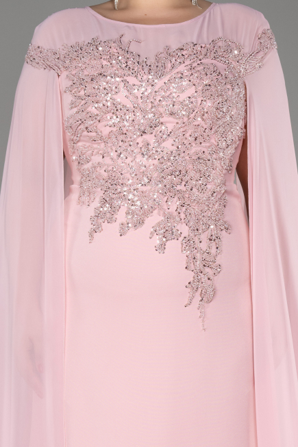 Powder Color Long Chiffon Sleeve Plus Size Evening Dress ABU3913