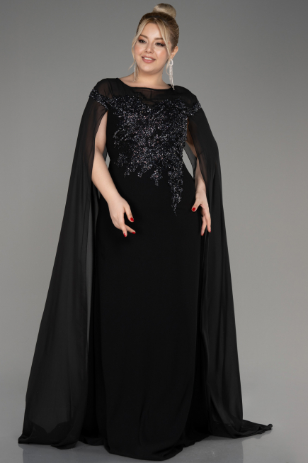 Black Long Chiffon Sleeve Plus Size Evening Dress ABU3913