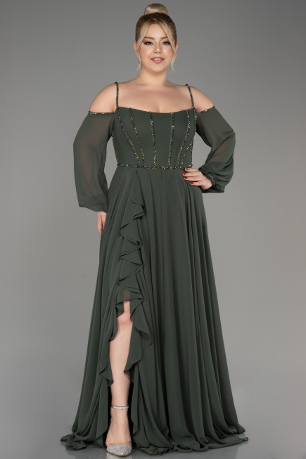 Olive Drab Long Chiffon Slit Evening Dress ABU3914