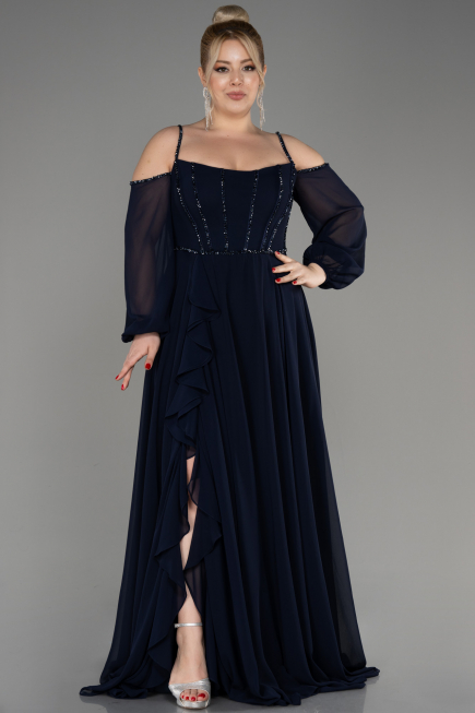 Navy Blue Long Chiffon Slit Evening Dress ABU3914