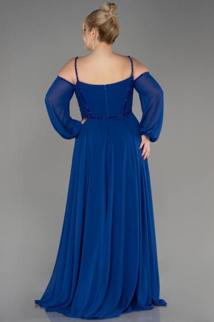 Sax Blue Long Chiffon Slit Evening Dress ABU3914