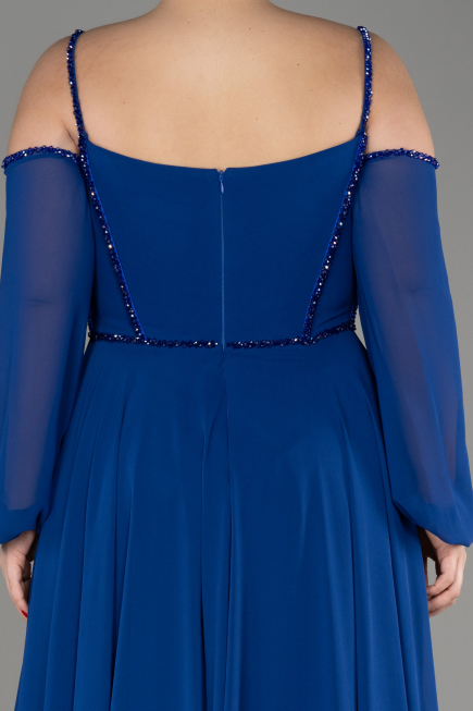 Sax Blue Long Chiffon Slit Evening Dress ABU3914