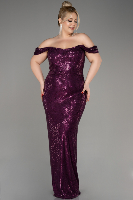 Plum Shoulder Low Cut Long Sequin Plus Size Evening Dress ABU3919