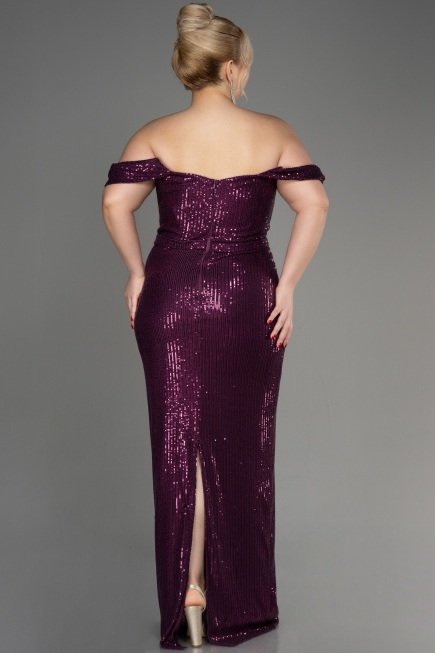 Plum Shoulder Low Cut Long Sequin Plus Size Evening Dress ABU3919