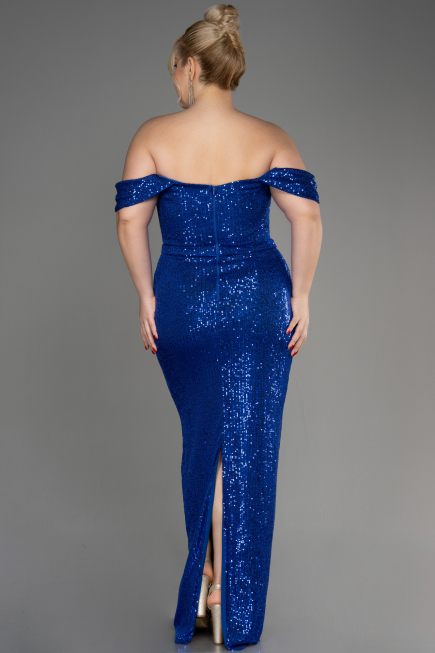 Sax Blue Shoulder Low Cut Long Sequin Plus Size Evening Dress ABU3919