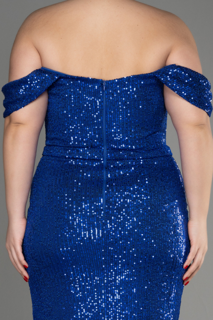 Sax Blue Shoulder Low Cut Long Sequin Plus Size Evening Dress ABU3919