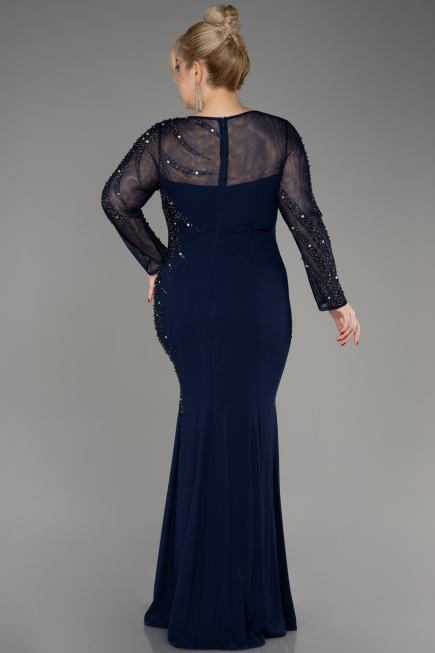 Navy Blue Stoned Long Sleeve Plus Size Evenin Gown ABU3928