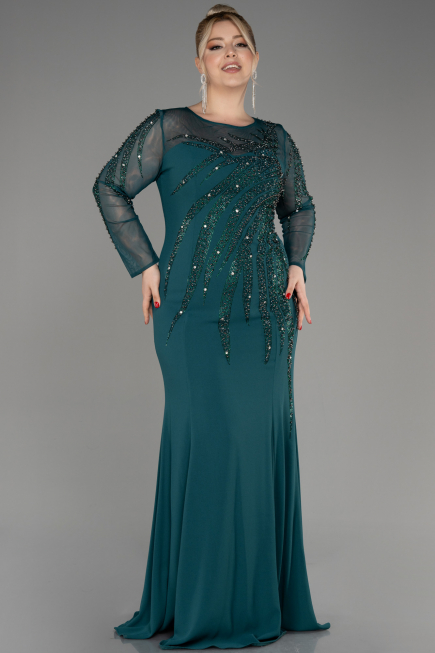 Emerald Green Stoned Long Sleeve Plus Size Evenin Gown ABU3928
