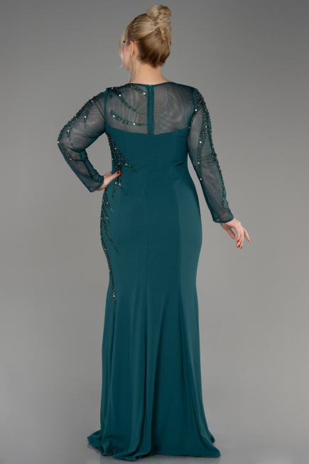 Emerald Green Stoned Long Sleeve Plus Size Evenin Gown ABU3928