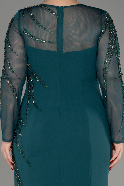 Emerald Green Stoned Long Sleeve Plus Size Evenin Gown ABU3928