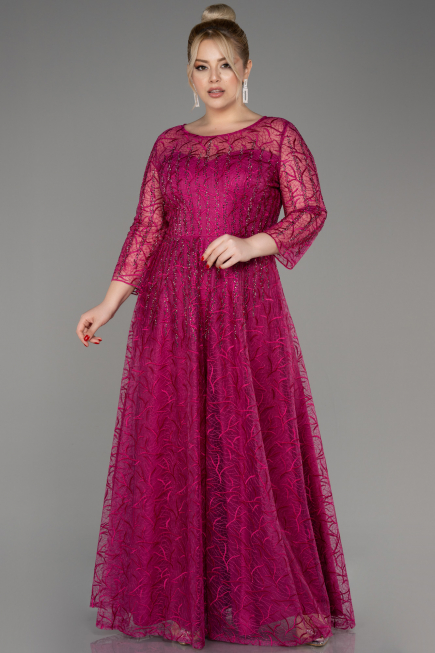 Fuchsia Long Sleeve Laced Plus Size Evening Dress ABU3932