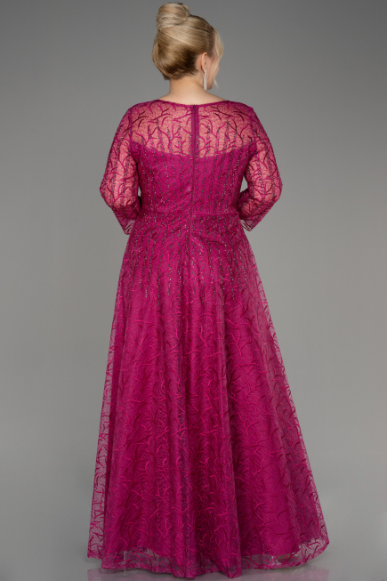 Fuchsia Long Sleeve Laced Plus Size Evening Dress ABU3932