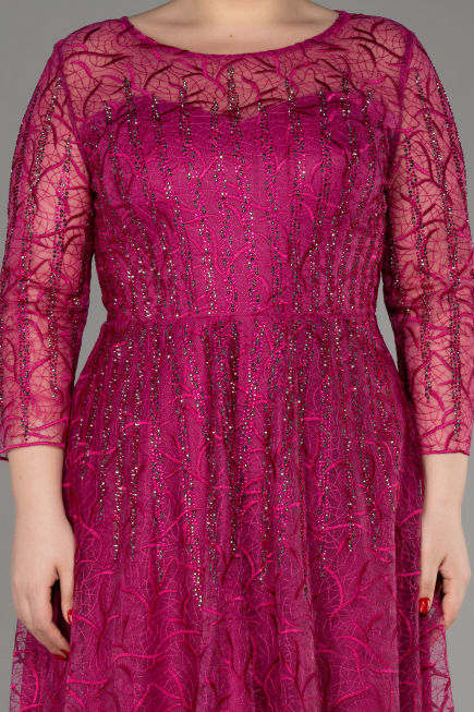 Fuchsia Long Sleeve Laced Plus Size Evening Dress ABU3932