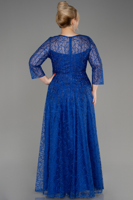 Sax Blue Long Sleeve Laced Plus Size Evening Dress ABU3932