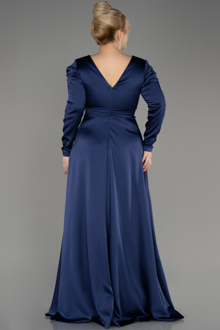Navy Blue Long Sleeve Satin Plus Size Evening Dress ABU3941