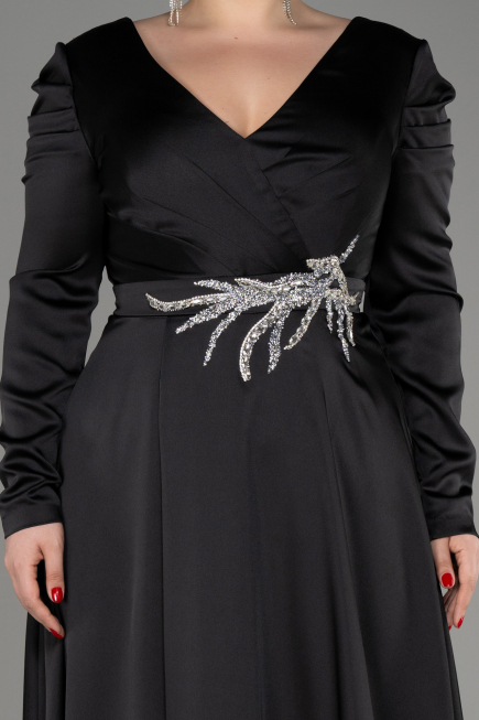 Black Long Sleeve Satin Plus Size Evening Dress ABU3941
