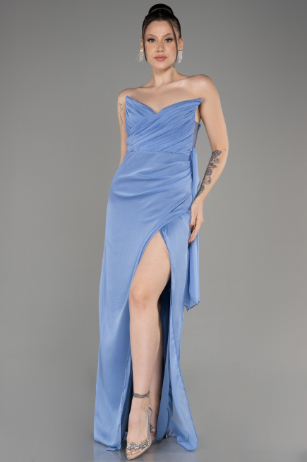 Indigo Strapless Slit Long Chiffon Evening Dress ABU3947