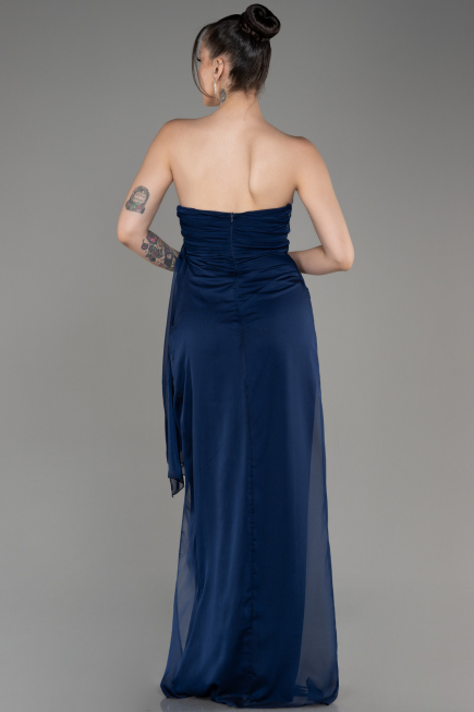 Navy Blue Strapless Slit Long Chiffon Evening Dress ABU3947