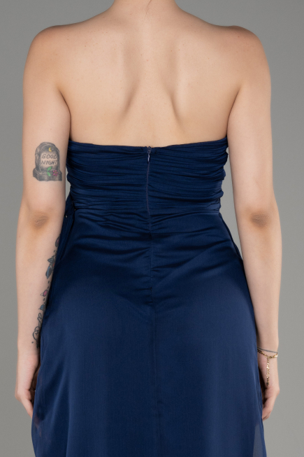 Navy Blue Strapless Slit Long Chiffon Evening Dress ABU3947
