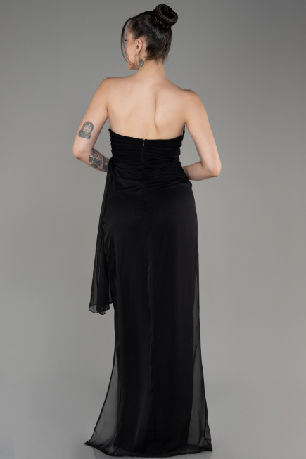 Black Strapless Slit Long Chiffon Evening Dress ABU3947